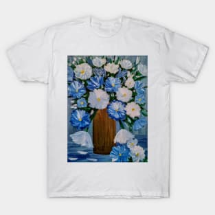 Some beautiful blue and white carnation flowers in a gold vintage vase painting T-Shirt